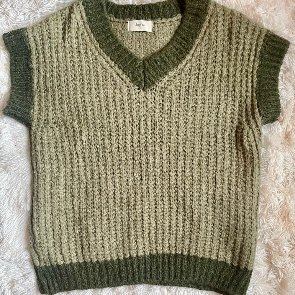 Joyna Olive Green Knit V-Neck Sweater Vest